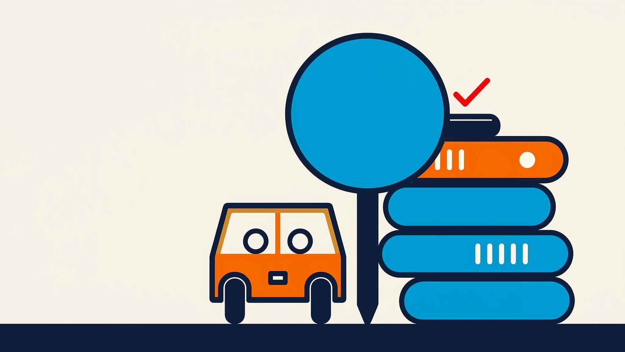 Illustration: Auto neben einer Lupe, die einen Stapel Gesetzestexte mit Prüfzeichen untersucht