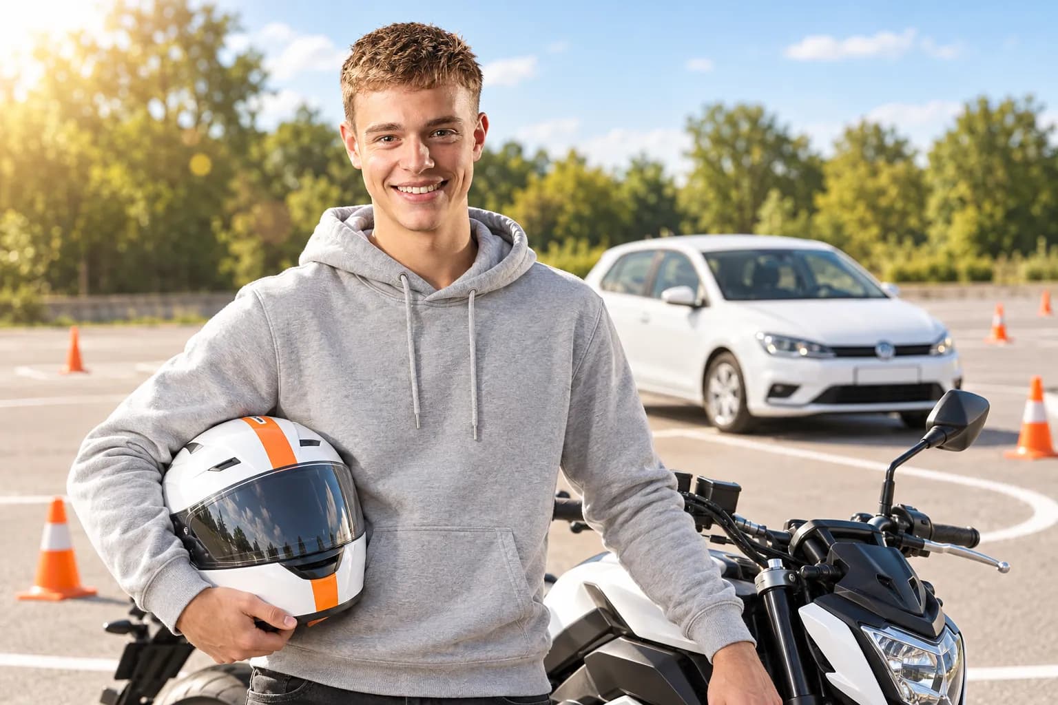 Fahrschüler mit Motorradhelm
