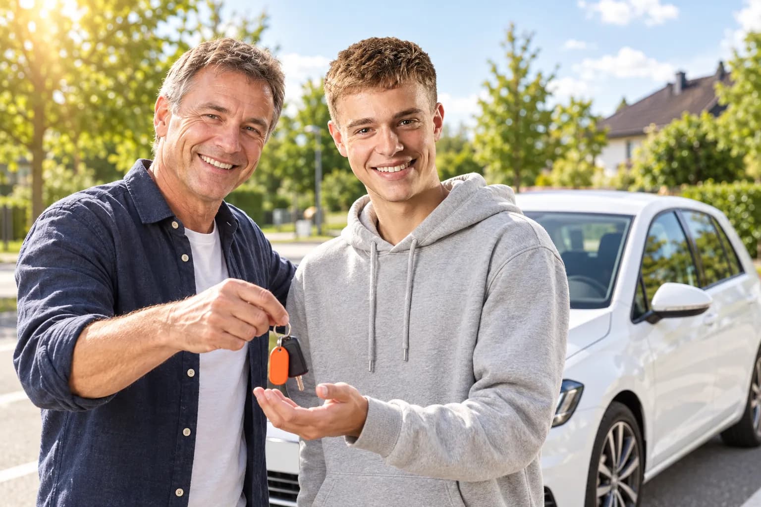 Fahrlehrer übergibt einem Fahrschüler den Autoschlüssel