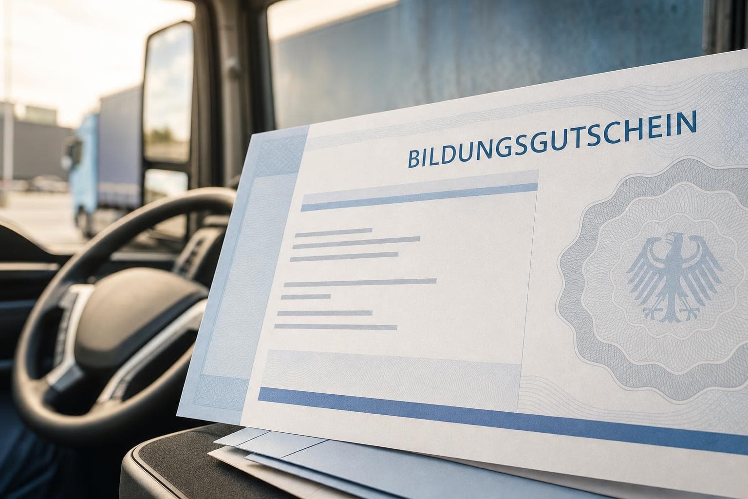Symbolbild: Hand hält einen Bildungsgutschein-Umschlag vor einem LKW-Lenkrad, sinnbildlich für die Förderung der LKW-Ausbildung durch die Agentur für Arbeit