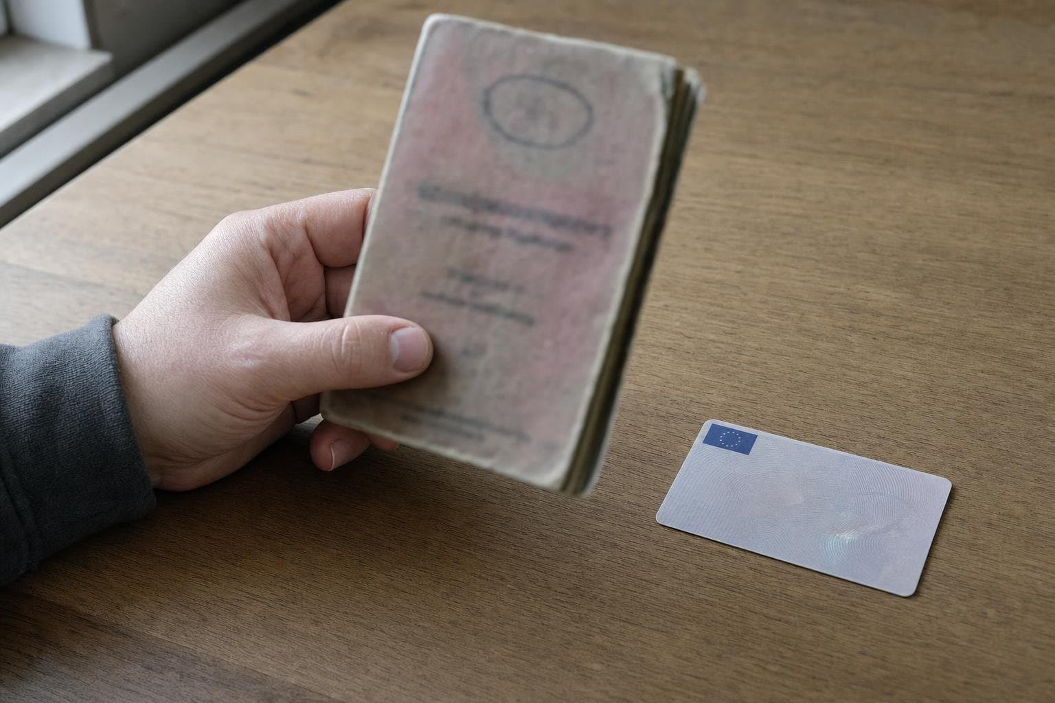 Ein deutscher EU-Kartenführerschein liegt auf einem Tisch neben einem Autoschlüssel