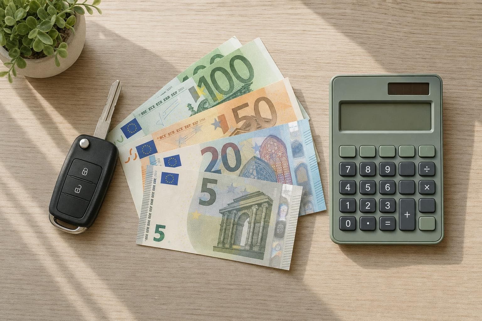 Taschenrechner, Euro-Scheine und ein Autoschlüssel auf einem Tisch, symbolisch für die Finanzierung der Fahrausbildung