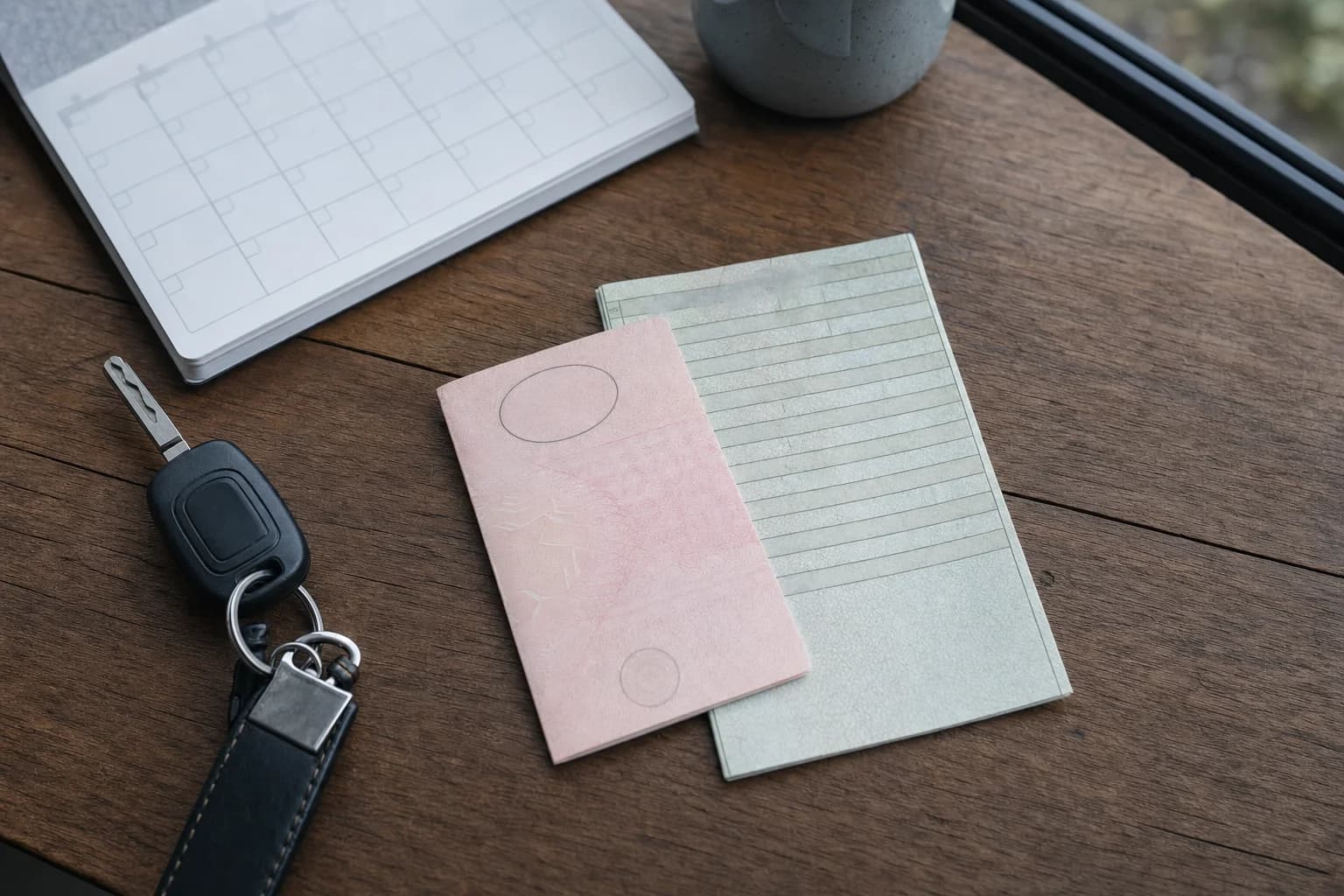 EU-Führerscheindokument und Fahrzeugpapiere mit Autoschlüssel und Kalender auf einem Holztisch